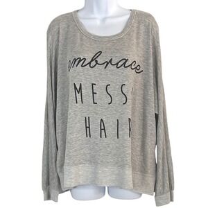 NWOT Wild Kiss Women XL Gray Embrace Messy Hair Graphic Cold Shoulder Sweatshirt
